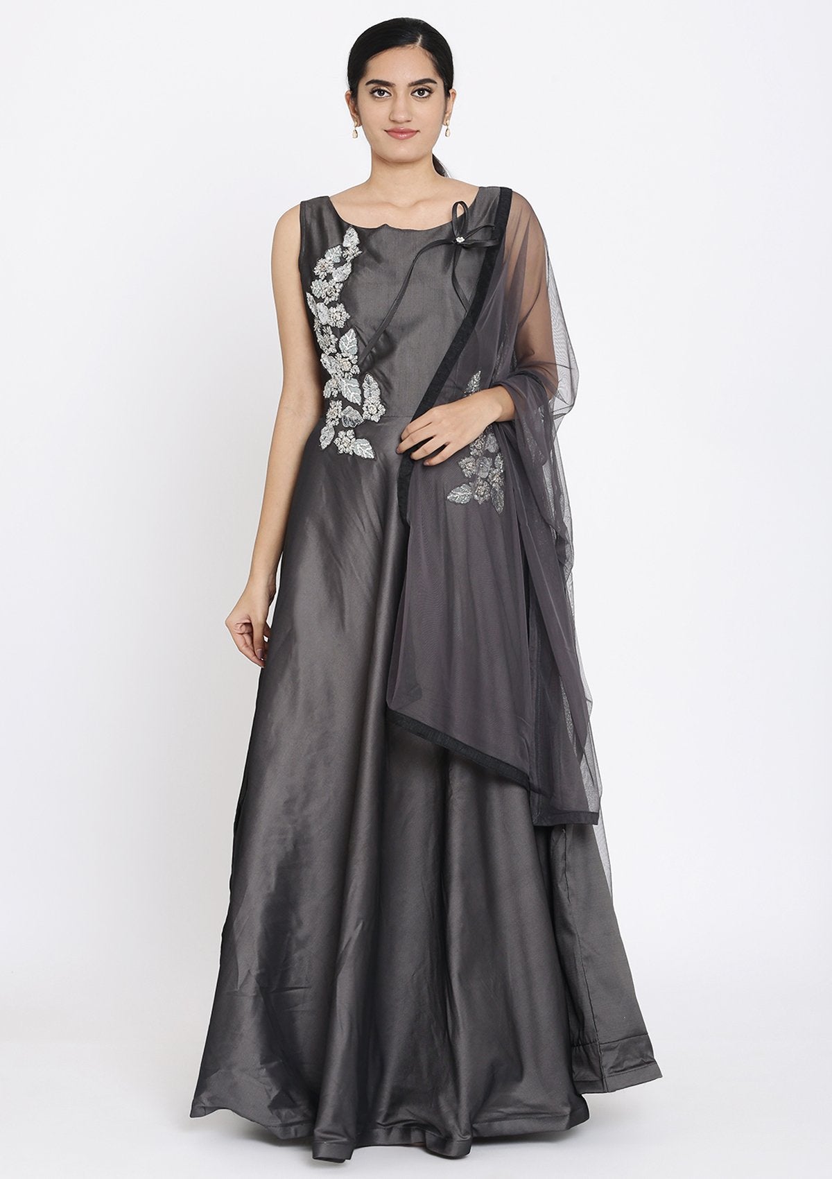 Dark Grey Sequins Taffeta Silk Designer Gown - koskii