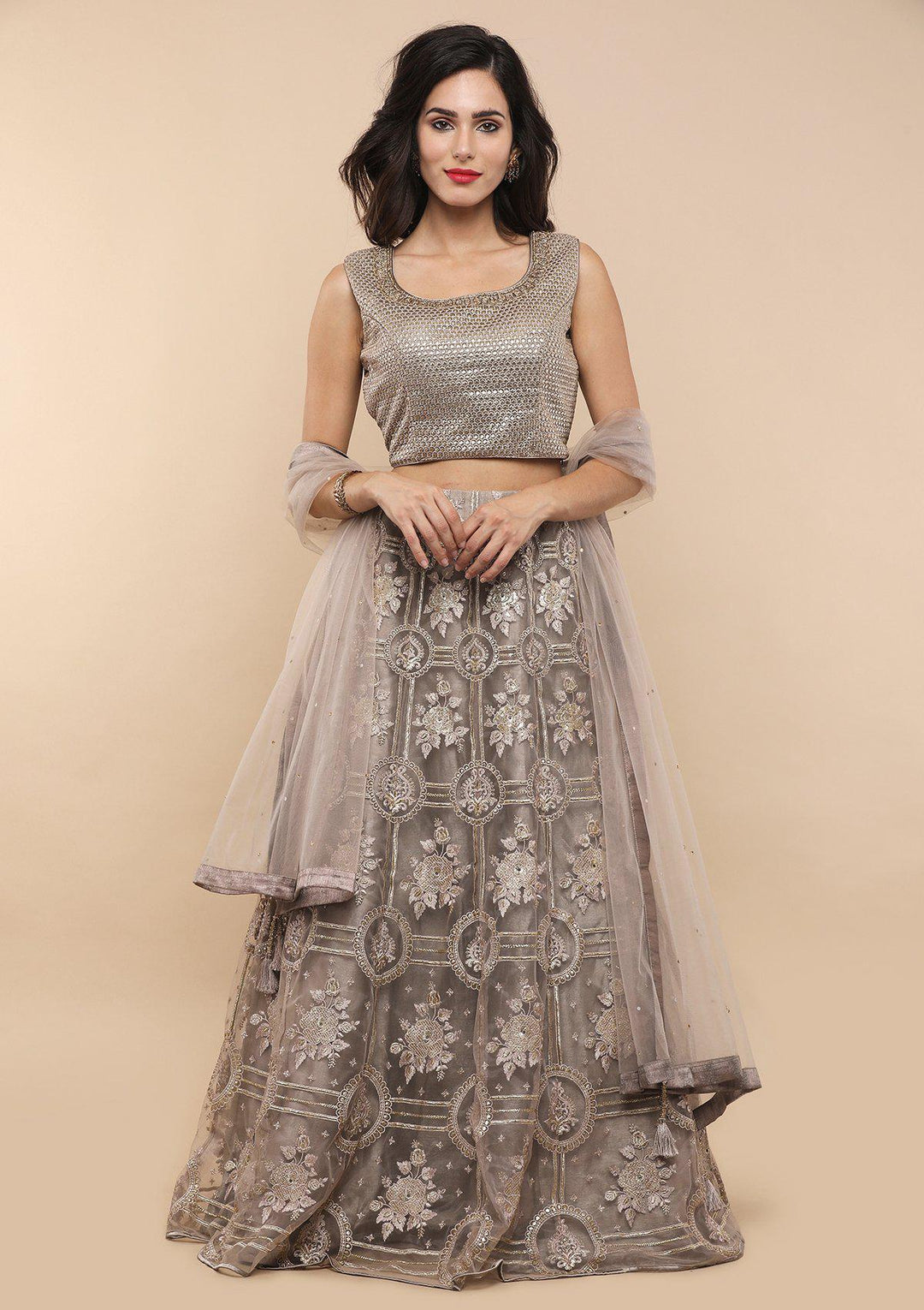 Grey Thread Work Net Designer Lehenga-Koskii
