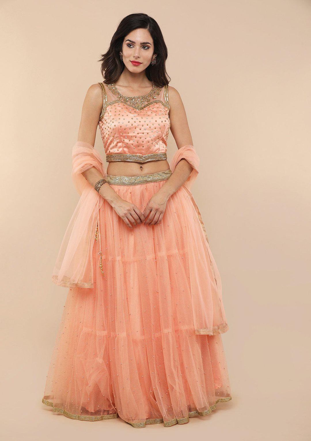 Peach Pearlwork Net Designer Lehenga-Koskii