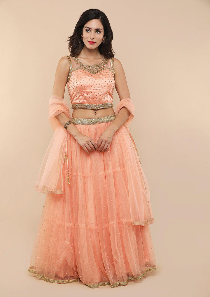 Peach Pearlwork Net Designer Lehenga-Koskii