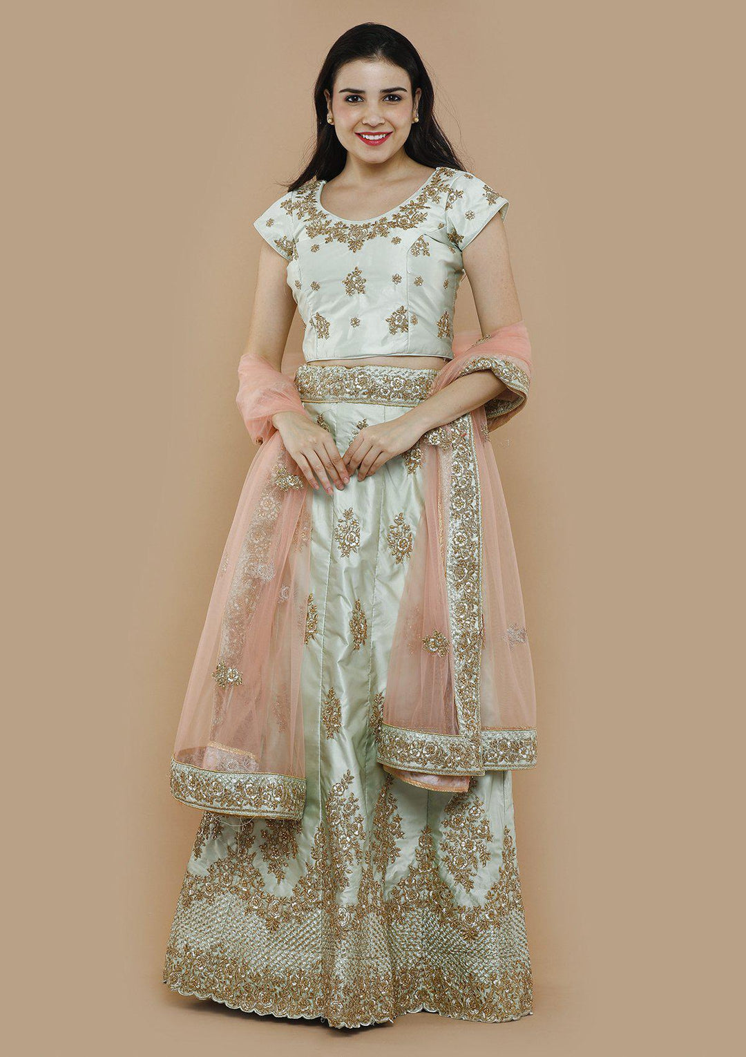 Mint Green Zari Work Silk Designer Lehenga-Koskii