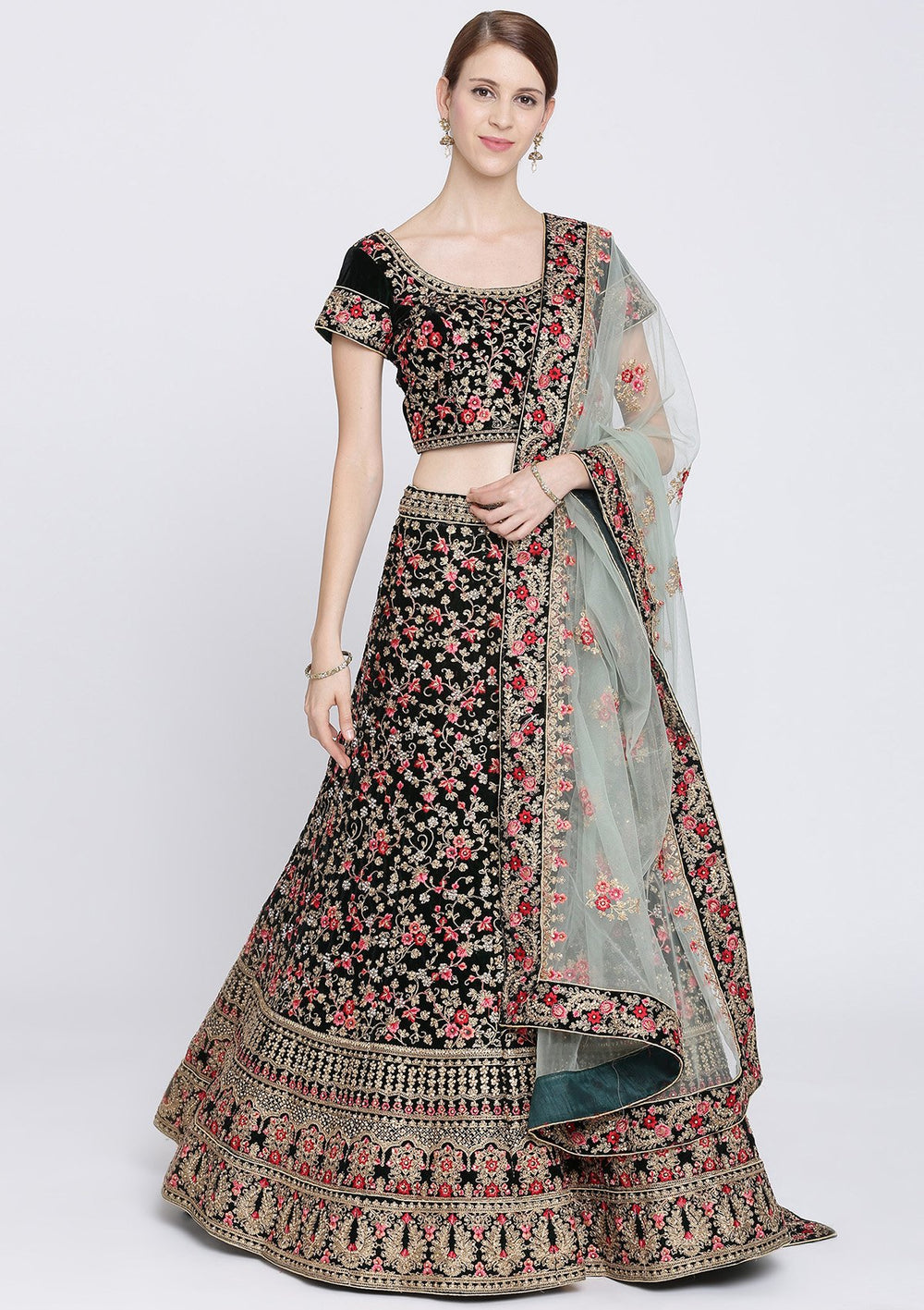 Bottle Green Stonework Velvet Designer Lehenga-Koskii