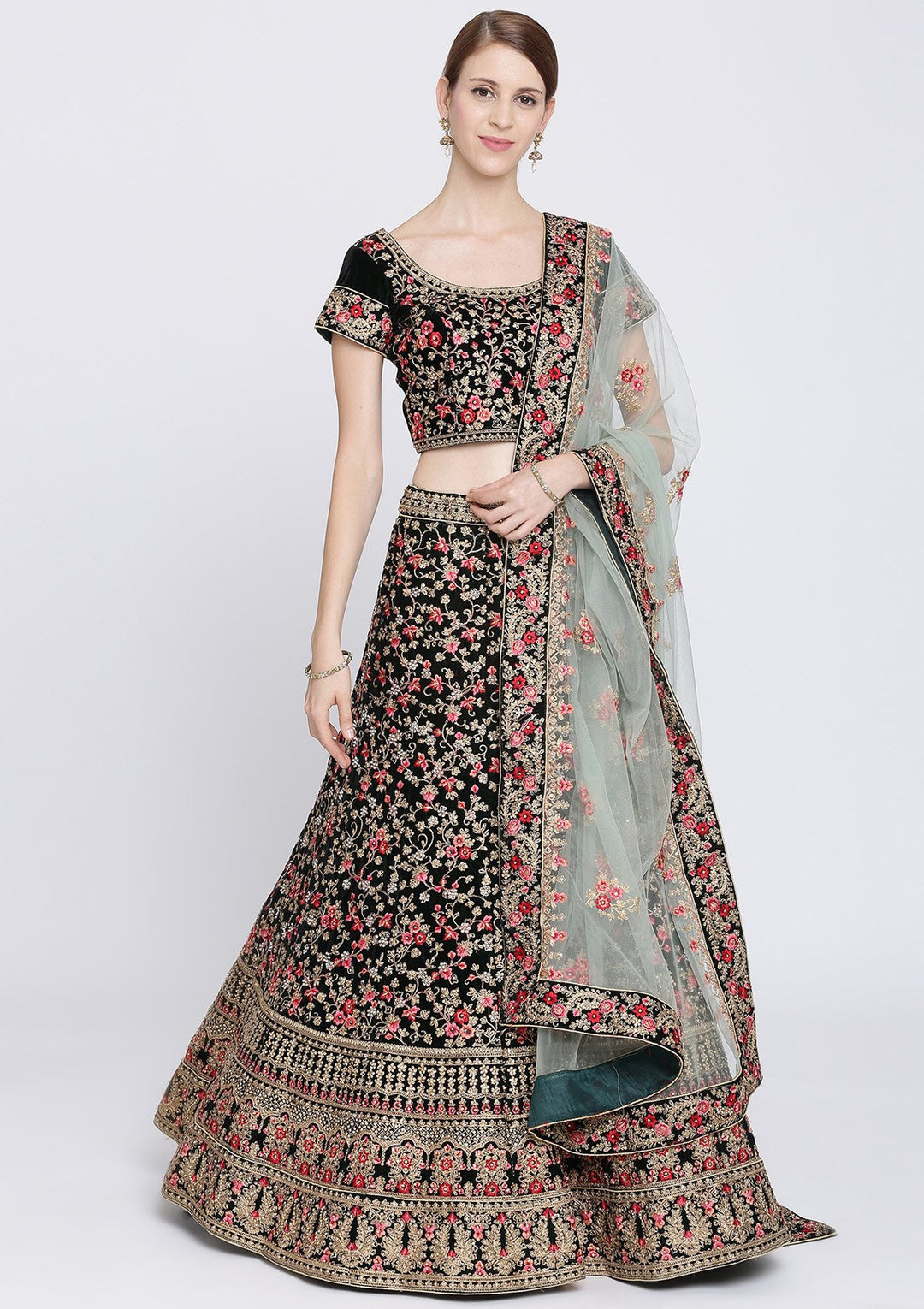 Bottle Green Stonework Velvet Designer Lehenga-Koskii