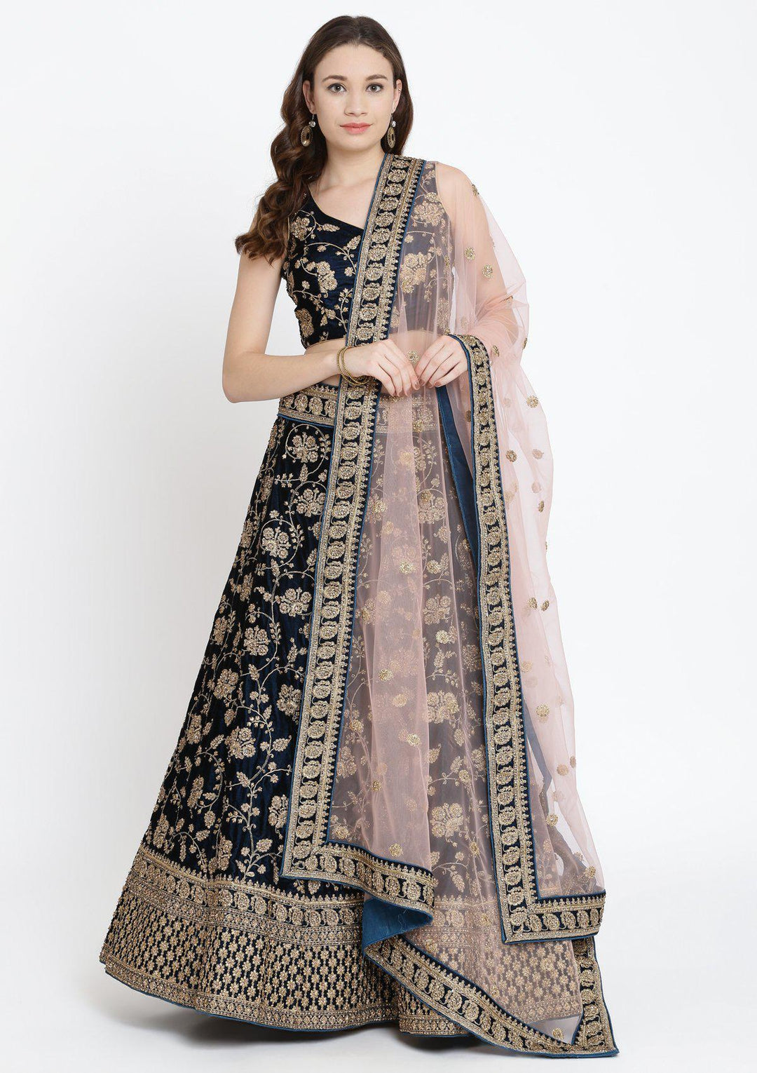 Peacock Blue Stonework Velvet Designer Lehenga-Koskii