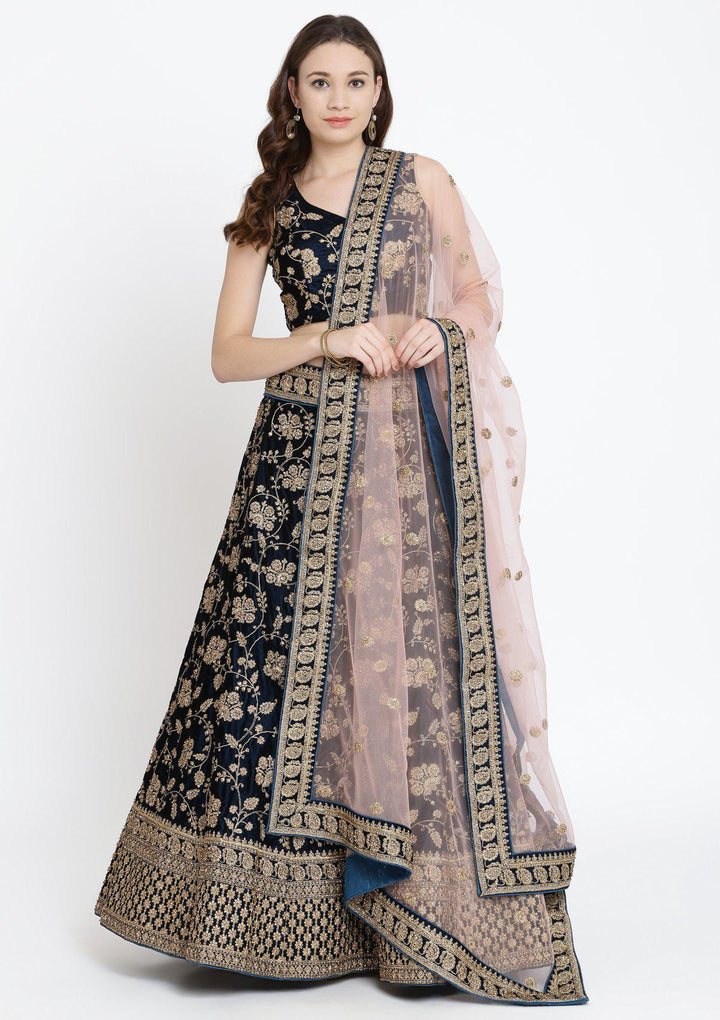Peacock Blue Stonework Velvet Designer Lehenga-Koskii