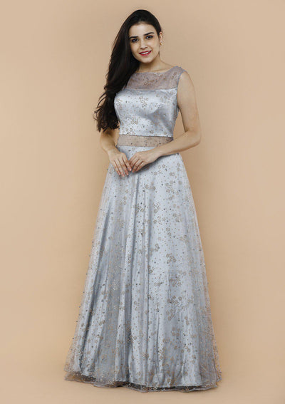 Grey Embellished Satin Designer Gown-Koskii