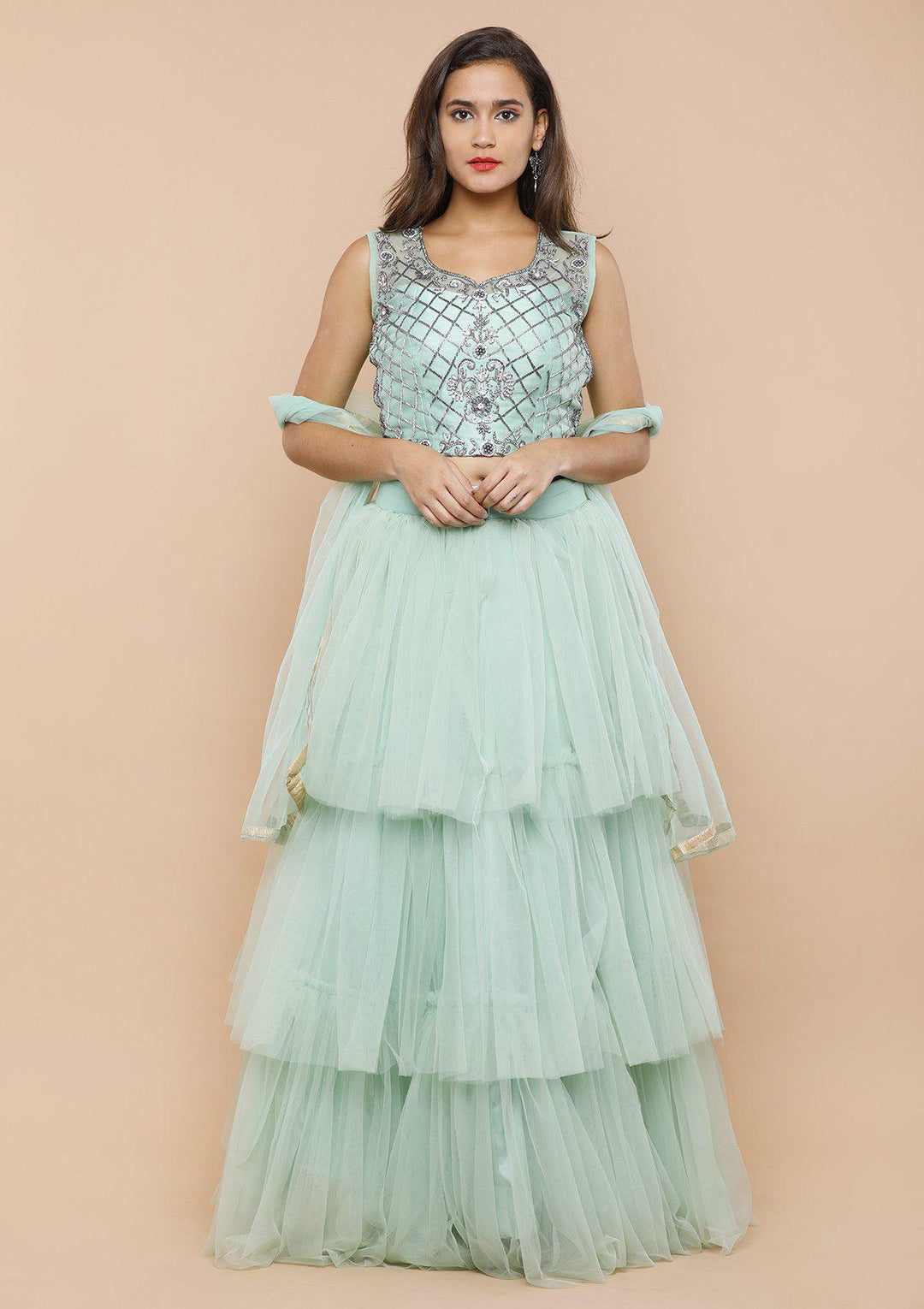 Sea Green Ruffled Net Designer Lehenga-Koskii