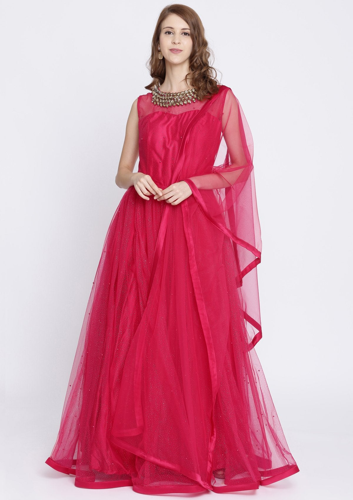 Rani Pink Stonework Net Designer Gown-Koskii