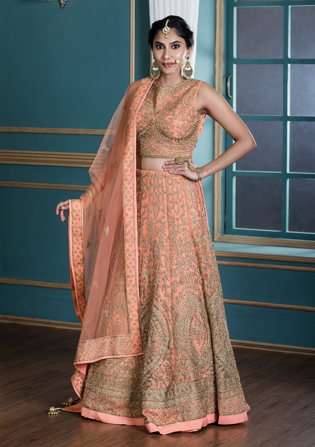 Peach Embellished Net Designer Lehenga-Koskii