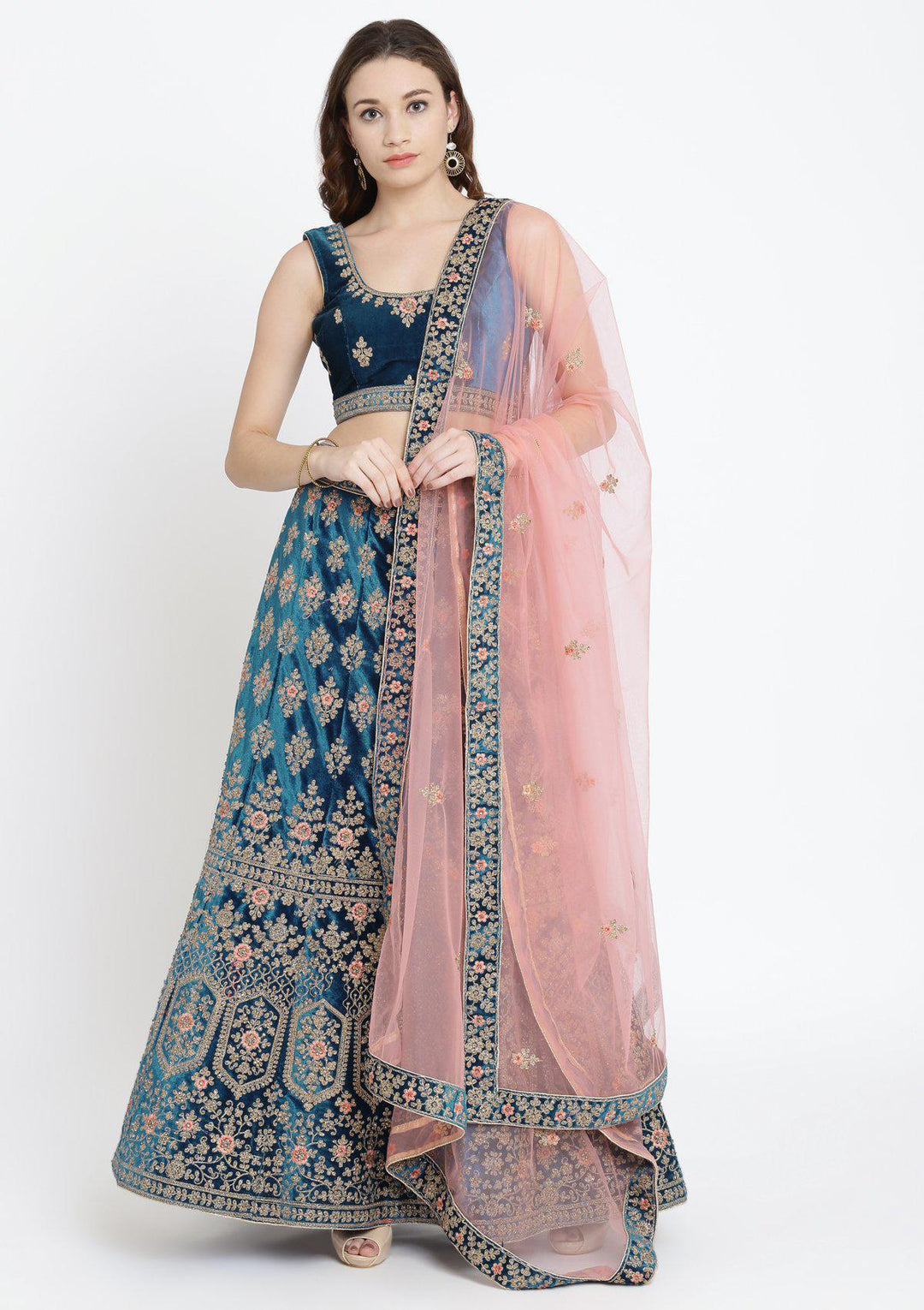 Turquoise Blue Zariwork Velvet Designer Lehenga-Koskii