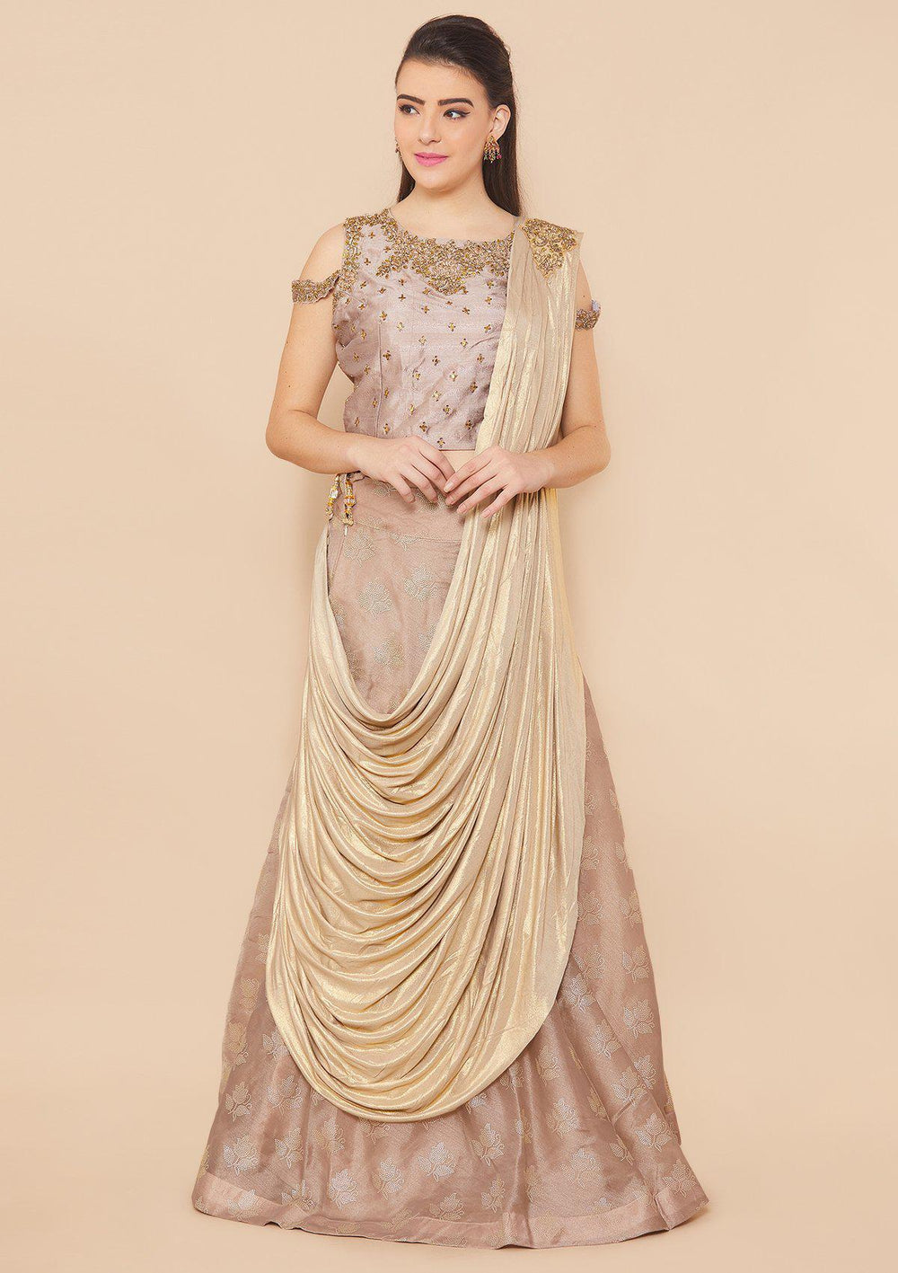 Koskii Stonework Rawsilk TAUPE Lehenga-Koskii