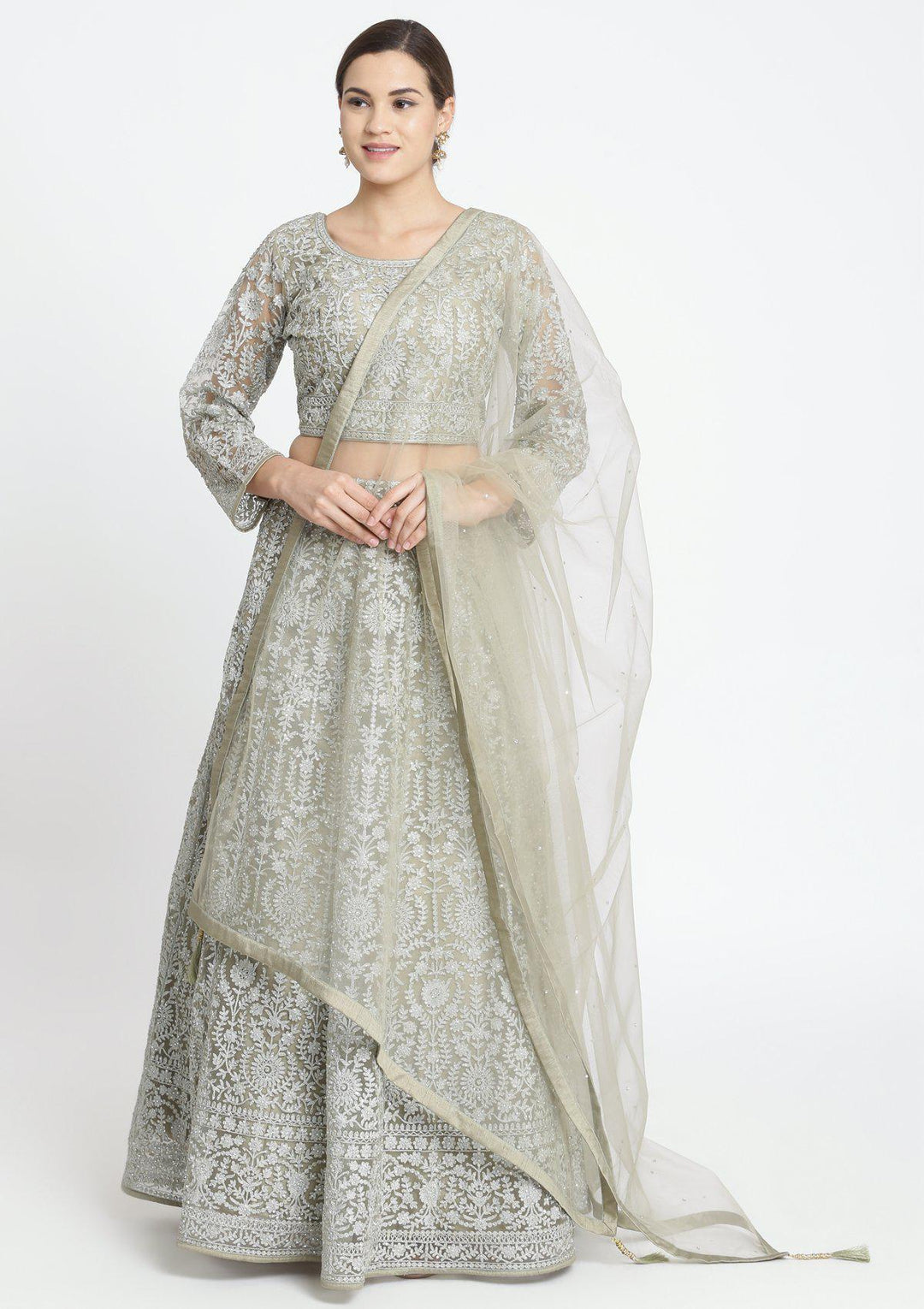 Light Olive Green Zariwork Net Designer Lehenga-Koskii
