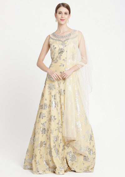 Yellow Sequins Georgette Designer Gown-Koskii
