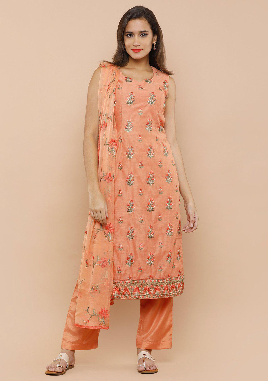 Peach Floral Georgette Designer Salwar Suit-Koskii
