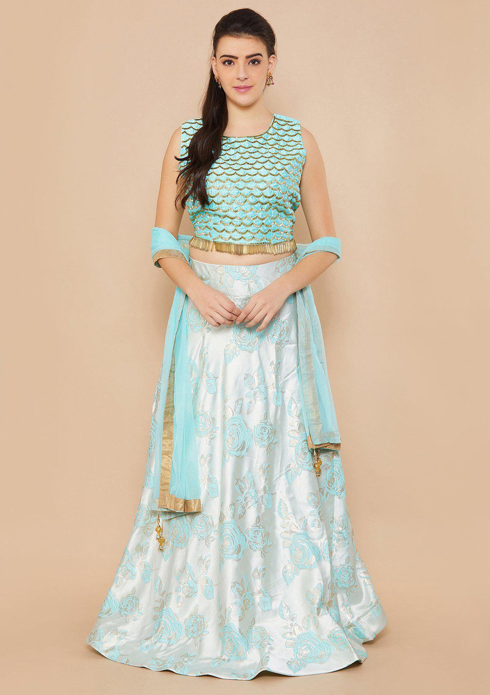 Ice Blue Cutdana Raw-silk Designer Lehenga-Koskii