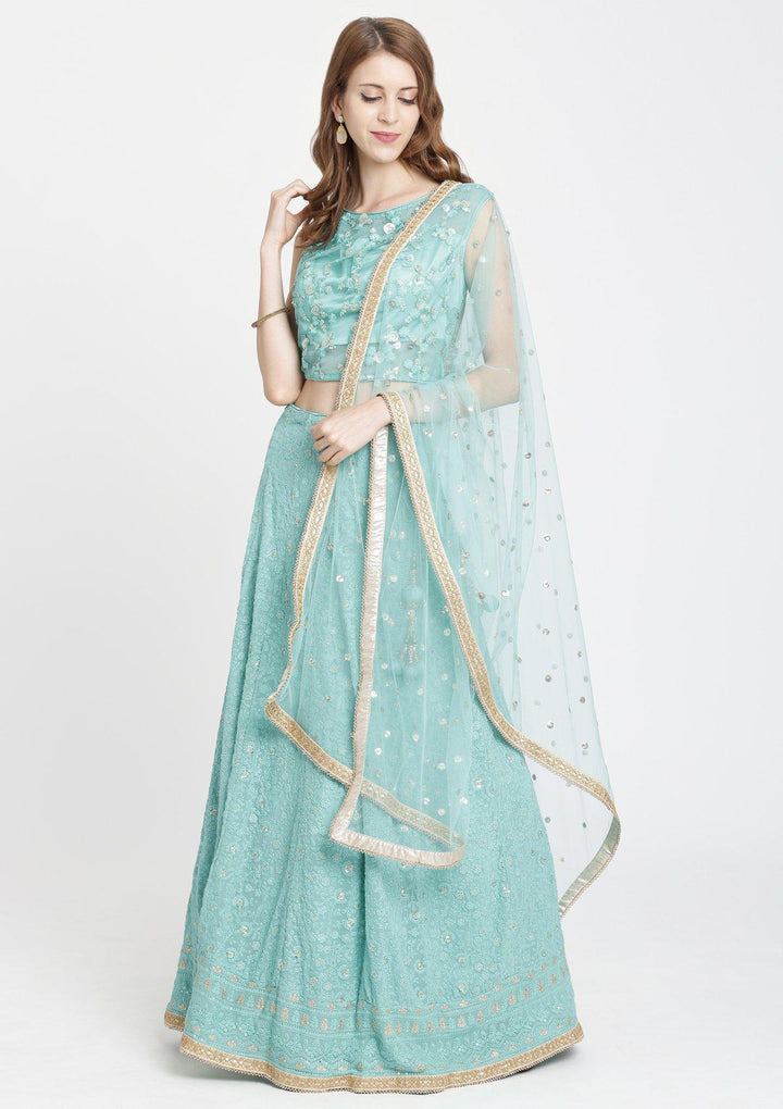Sea Green Threadwork Chiffon Designer Lehenga-Koskii