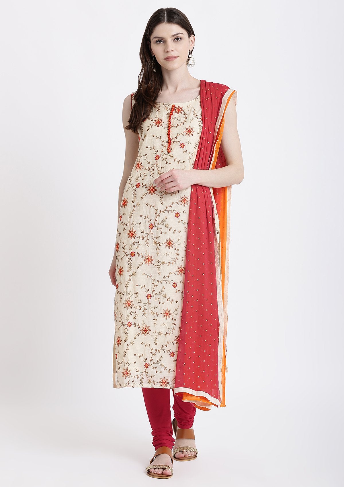 Cream Threadwork Chanderi Designer Salwar Suit-Koskii