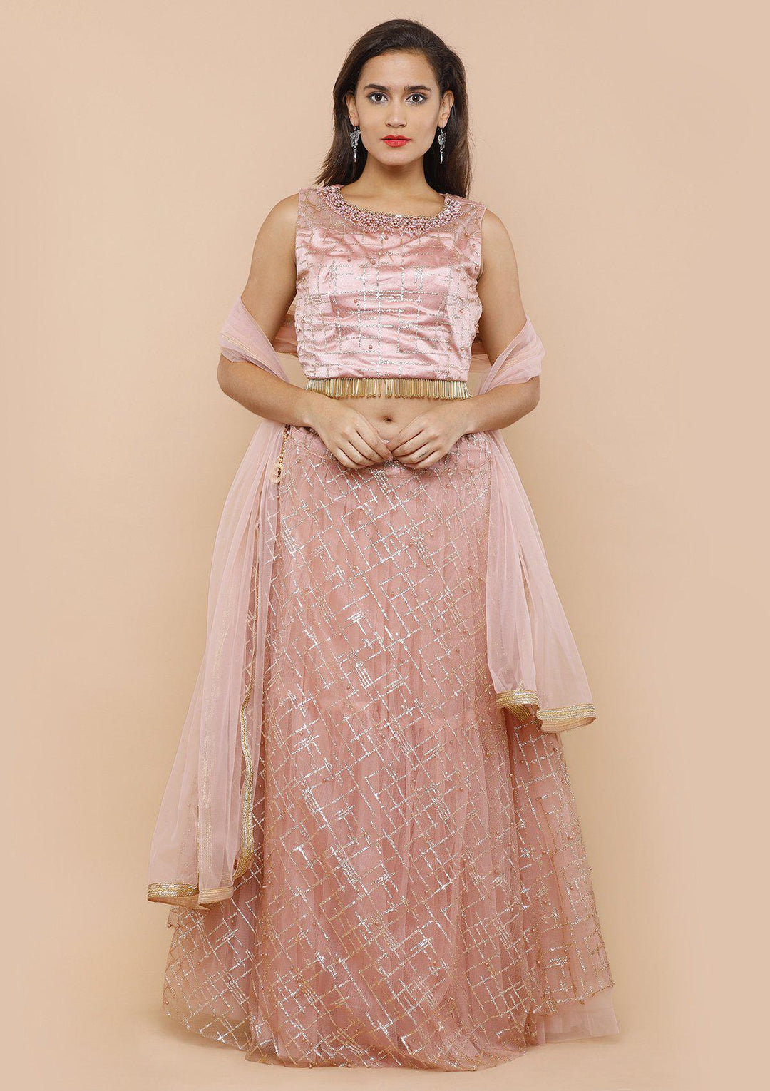 Pink Pearlwork Net Designer Lehenga-Koskii