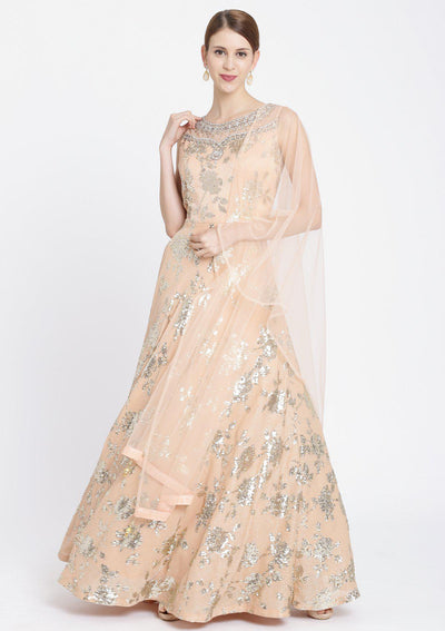 Peach Sequins Georgette Designer Gown-Koskii