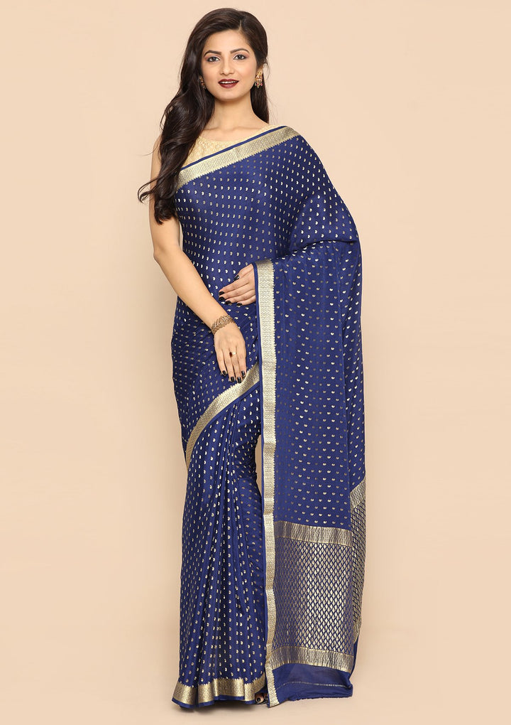 Blue and Gold Handmade Saree-Koskii