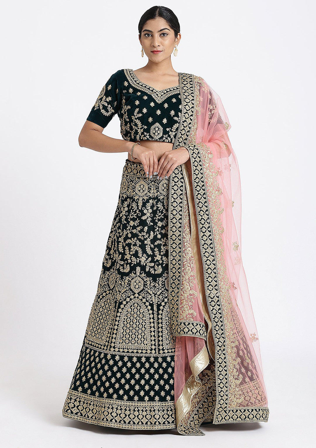 Bottle Green Zariwork Velvet Designer Lehenga-Koskii