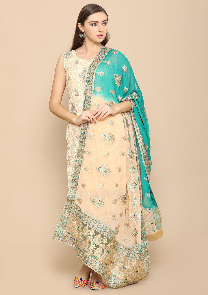 Beige and green designer salwar suit-Koskii