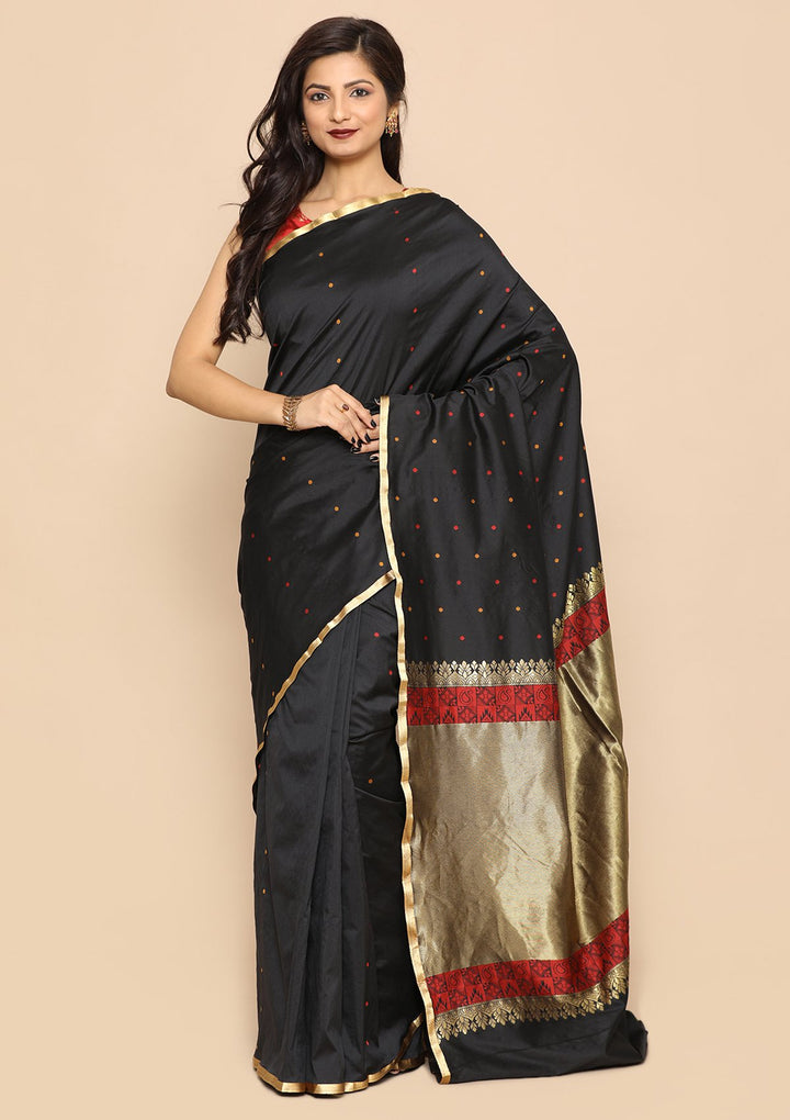 Black and Red Handwoven Saree-Koskii