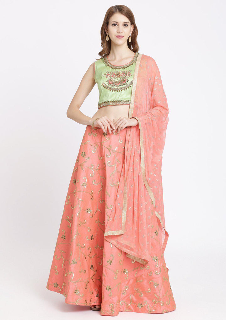 Baby Pink Mirrorwork Rawsilk Designer Lehenga-Koskii