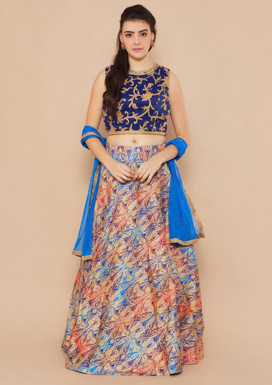 Blue and Gold Brocade Designer Lehenga-Koskii