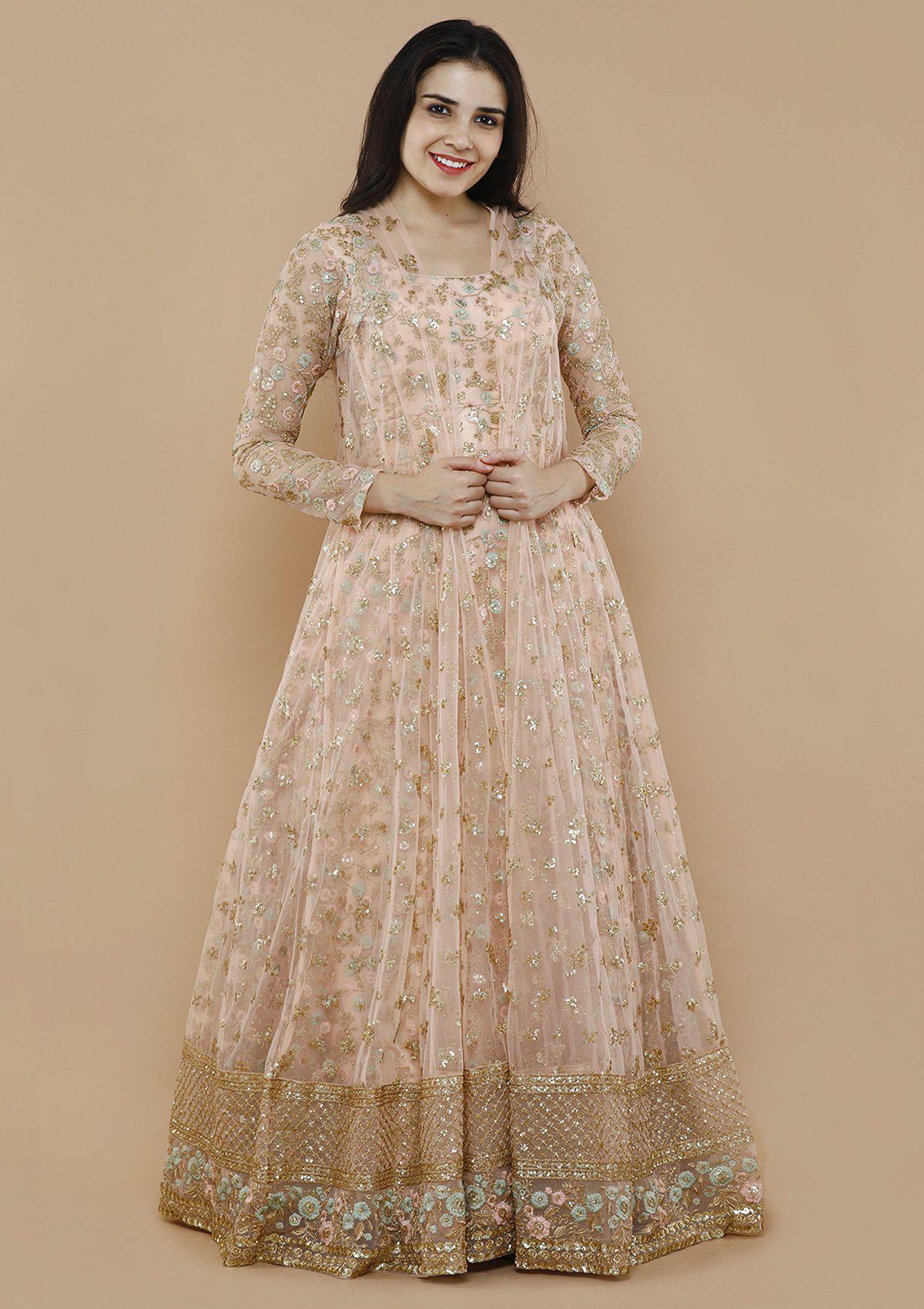 Peach Floral Net Jacket Designer Gown-Koskii