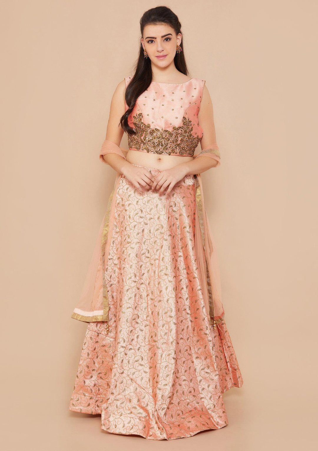 Peach Stonework Raw-silk Designer Lehenga-Koskii