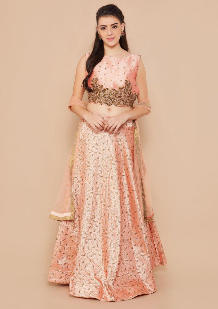Peach Stonework Raw-silk Designer Lehenga-Koskii