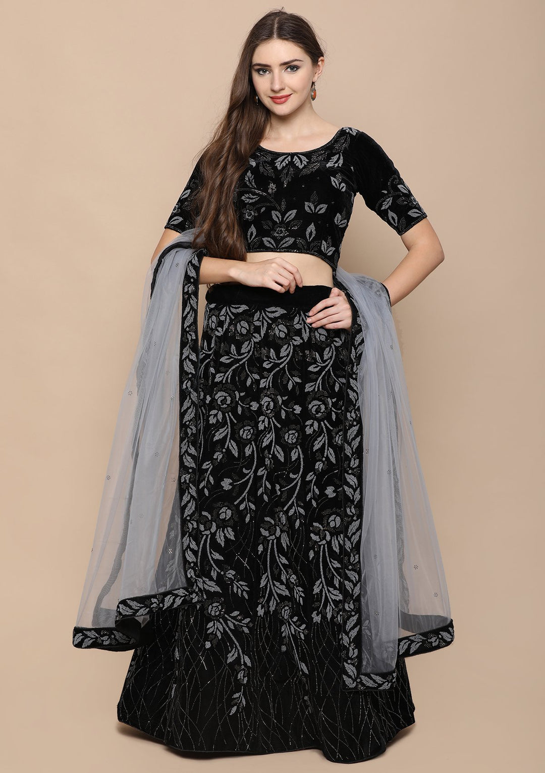 Black Stone Appliqued Velvet Designer Lehenga-Koskii