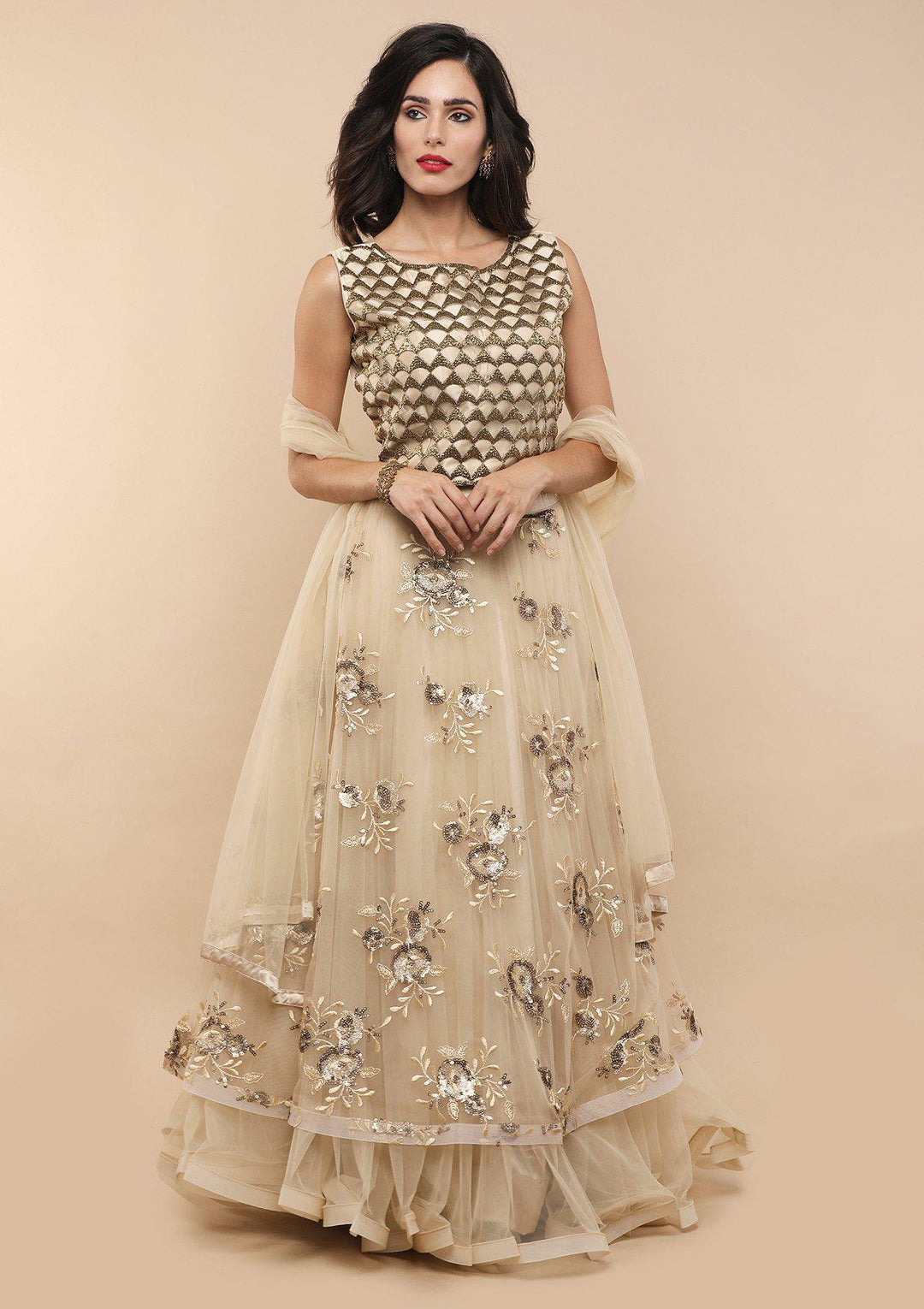KOSKII BEIGE FLORAL NET LEHENGA-Koskii