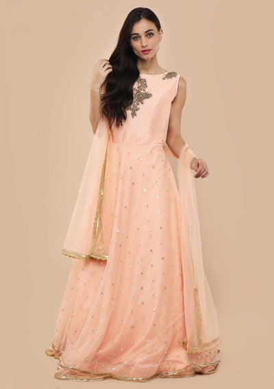 Peach Pink Zardozi Work Silk Designer Gown-Koskii