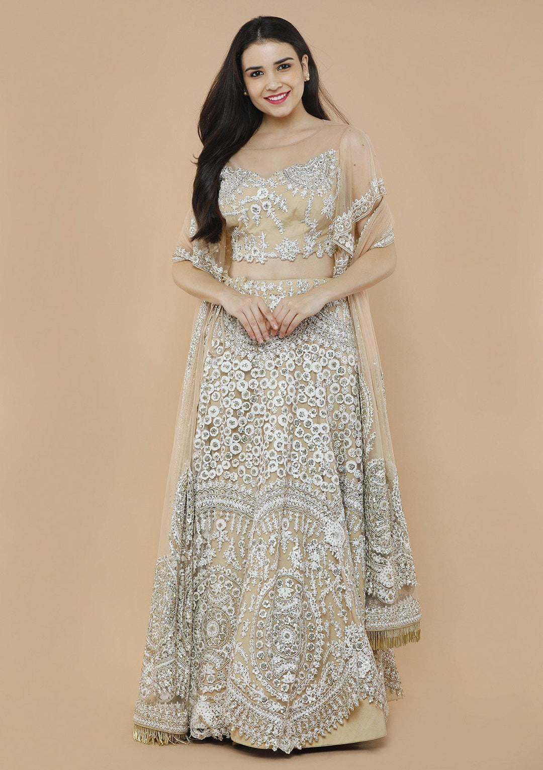 Beige Embellished Silk Designer Lehenga-Koskii