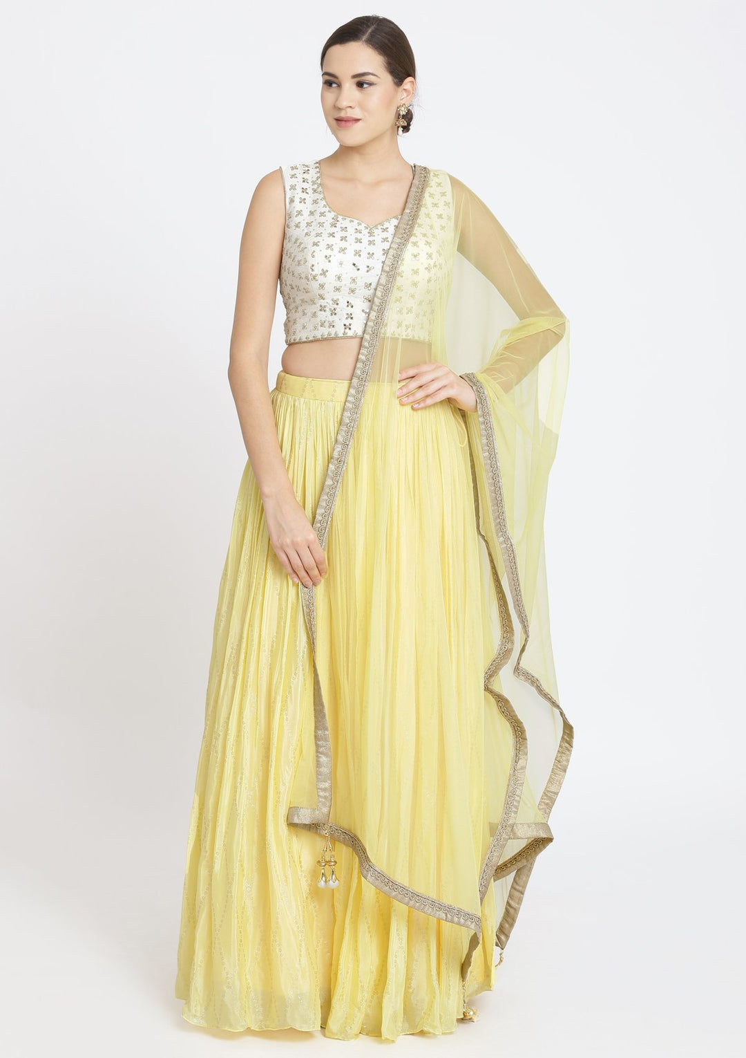 Yellow and Off-White Mirrorwork Satin Designer Lehenga-Koskii