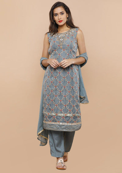 Grey Embellished Tissue Silk Designer Salwar Suit-Koskii