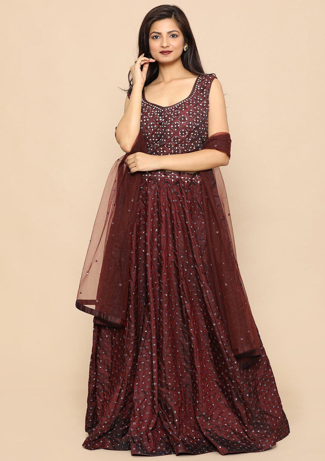 Brown Sequinned Silk Designer Lehenga-Koskii