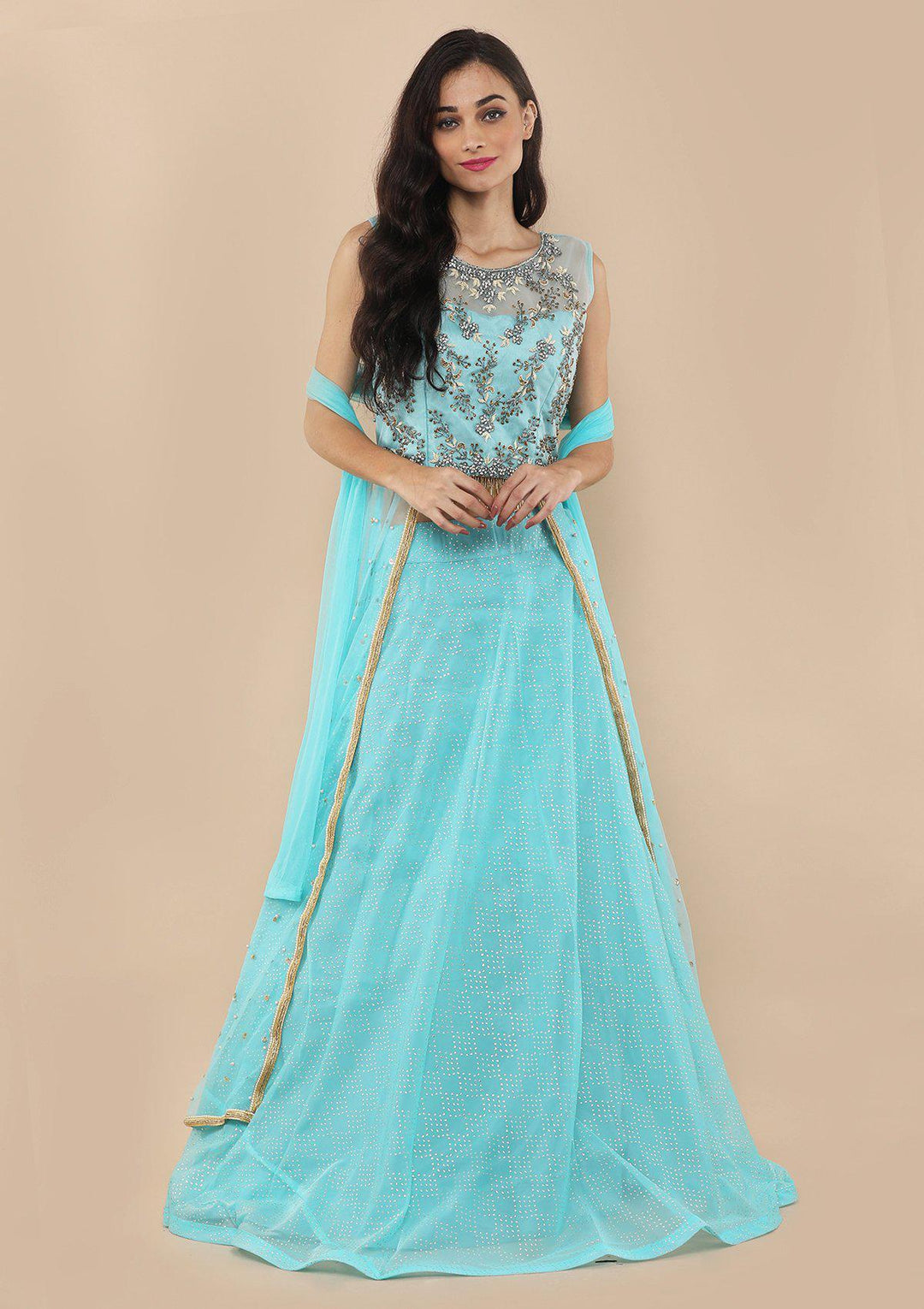 Sky Blue Bead Work Silk Designer Lehenga-Koskii