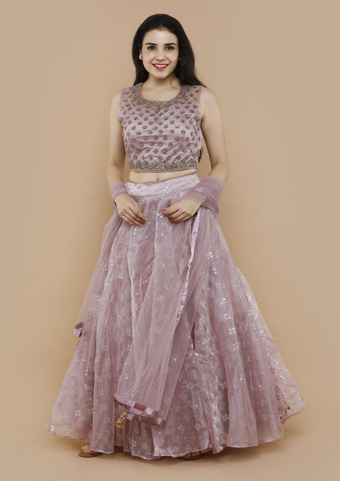 Lavender Sequinned Tissue Silk Designer Lehenga-Koskii