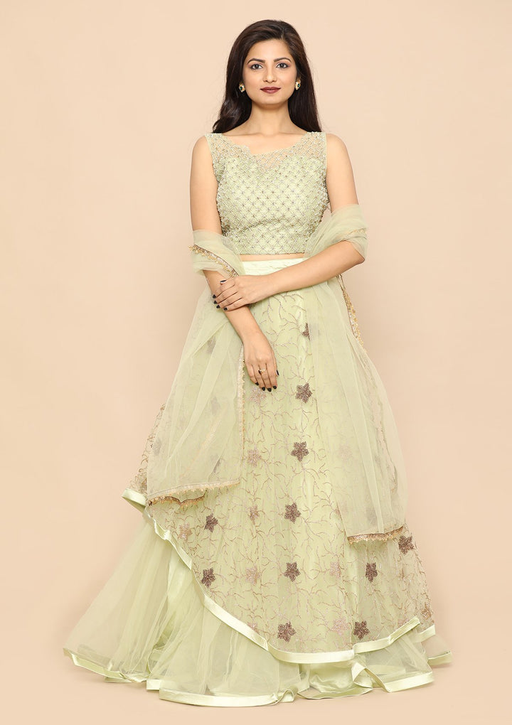 Pista Green Net Designer Lehenga-Koskii