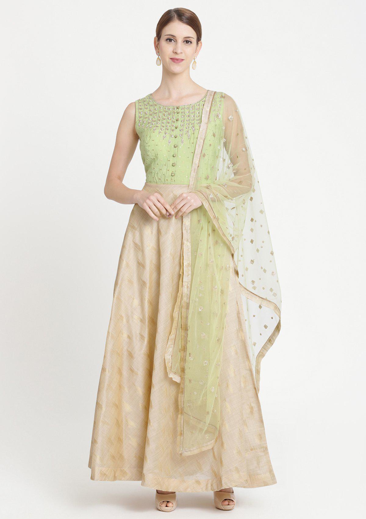 Pista Green Cutdana Raw Silk Designer Gown-Koskii
