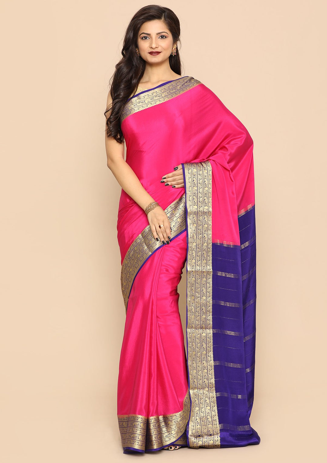 Magenta and Blue Contrast Handmade Saree-Koskii