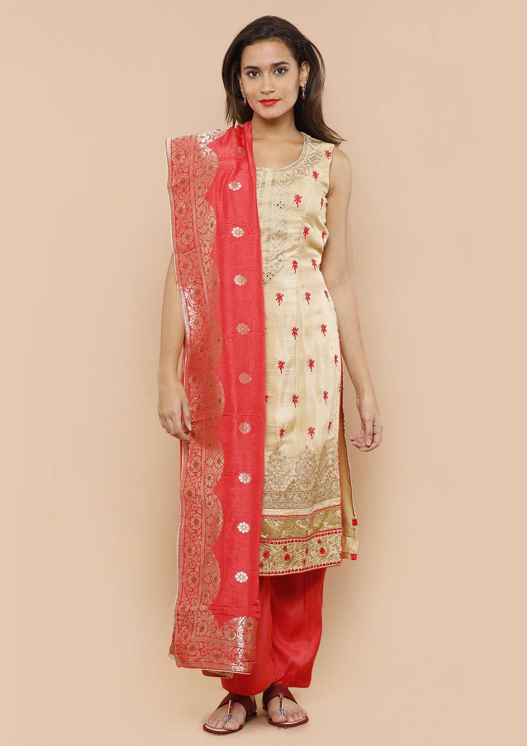 Beige and Red Silk Designer Salwar Suit-Koskii