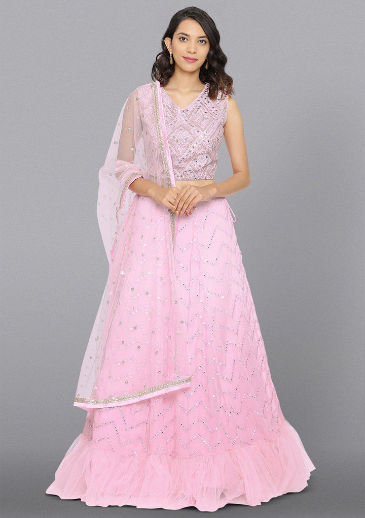 Baby Pink Mirrorwork Net Designer Lehenga-Koskii