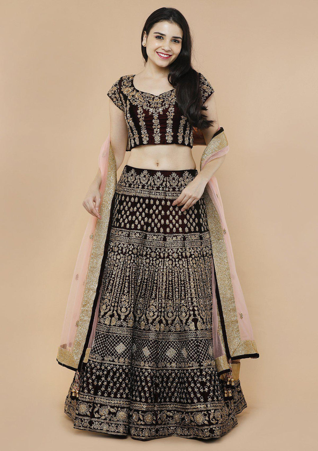 Maroon and Pink Embellished Velvet Designer Lehenga-Koskii