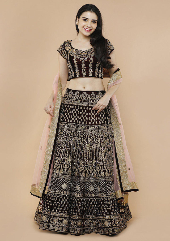 Maroon and Pink Embellished Velvet Designer Lehenga-Koskii