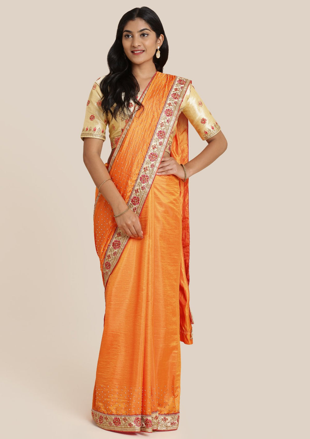 Orange Zariwork Art Silk Designer Saree-Koskii