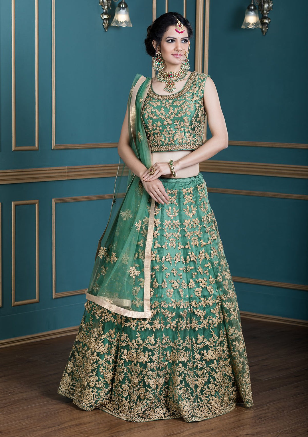 Green Cutdana Net Designer Lehenga-Koskii